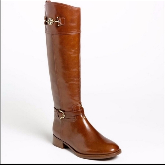 TORY BURCH Nadine Brown Leather Riding Boots Gold Hardware - Picture 2 of 6